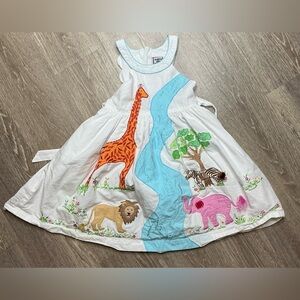 Cotton Kids White Safari Animals Zoo Embroidered Appliqué Dress Size 4T